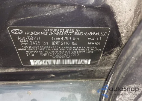 2012 Hyundai Sonata Se z USA, uszkodzony, nr VIN 5NPEC4AC9CH352210